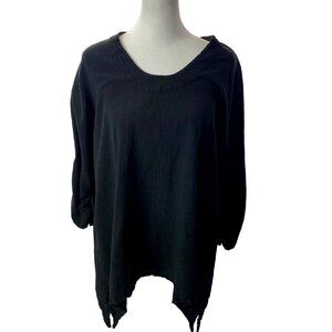ABACA Women Blouse Sz L Black Gauze Sharkbite Hem 3/4 Sleeve Lagenlook 46-10